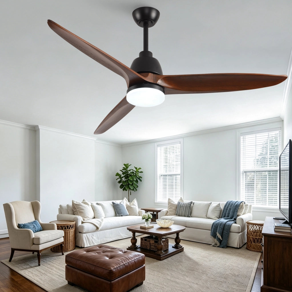 Ventilatore da soffitto 52" con luci LED dimmerabili, telecomando e pale in legno massello di platano