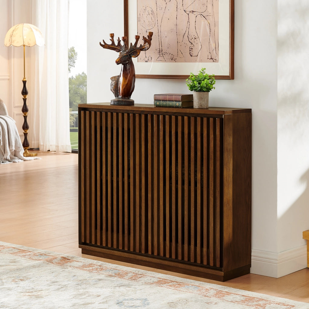 Credenza e madia con ante scanalate e passacavi per soggiorno e sala da pranzo in MDF color noce 99 × 23,5 × 82,6 cm