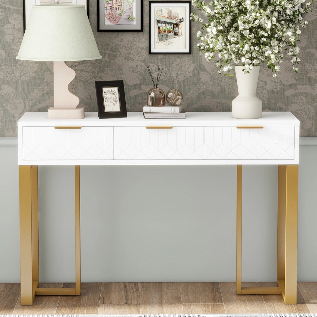 TAVOLO CONSOLLE con cassetti, bianco e oro, MDF