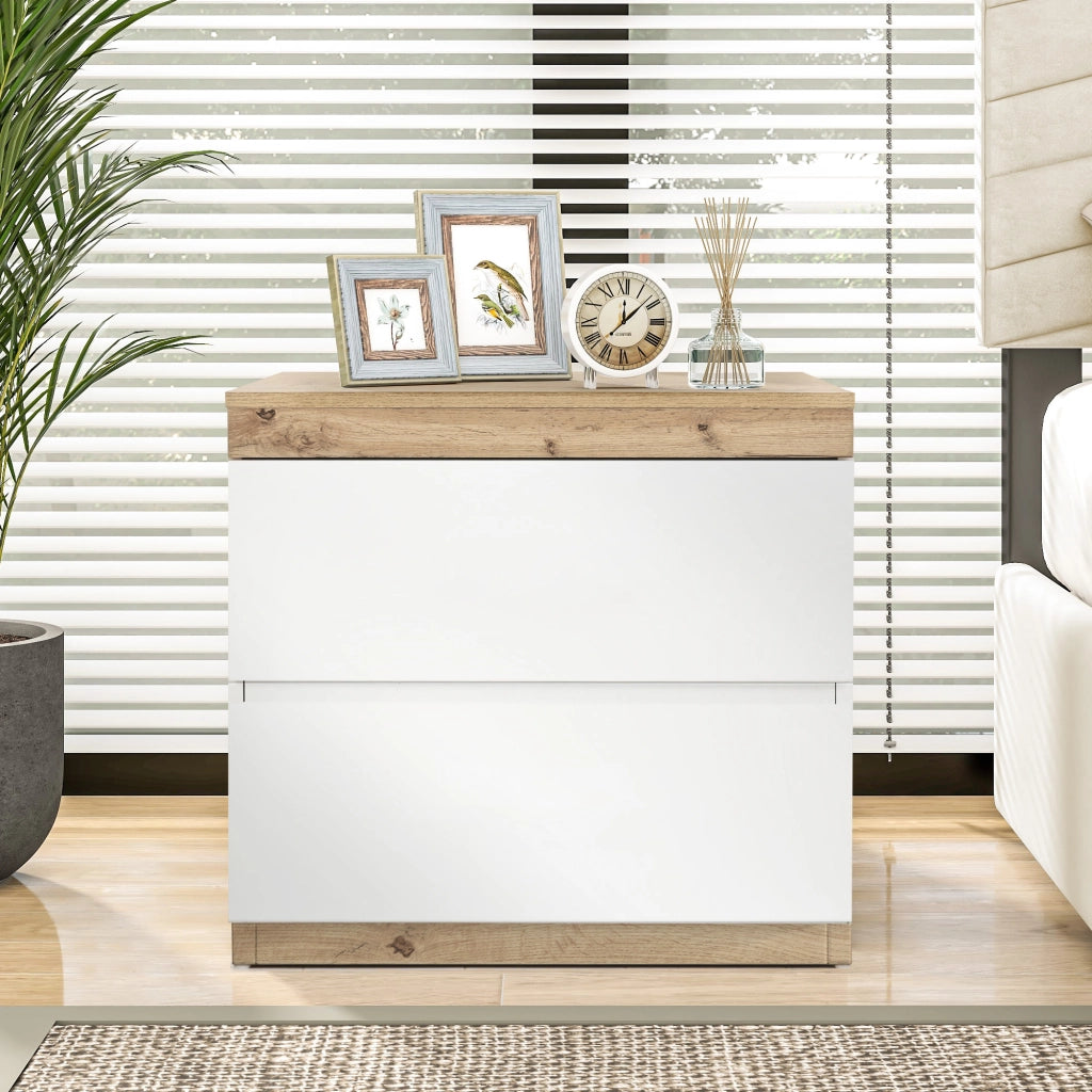 COMODINO classico con 2 cassetti bianco e rovere
