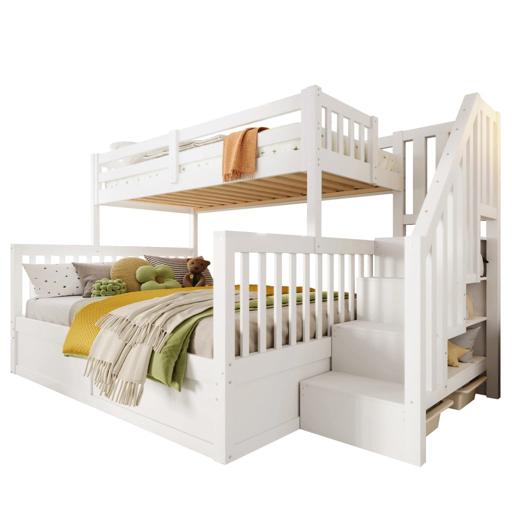 Letto a castello 90 × 200 cm e 140 × 200 cm; 3 posti; contenitore idraulico e scala contenitore; senza materasso