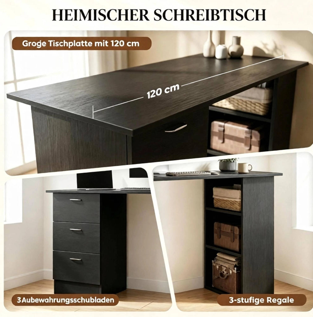Scrivania per computer in MDF nera 120x49x72 cm con 3 ripiani e 3 cassetti, design modulare