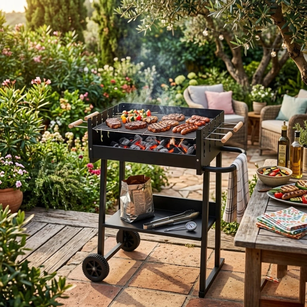 Barbecue A Carbonella Con Telaio In Acciaio Termoresistente Griglia Regolabile Ripiano Inferiore E Design Funzionale Per Outdoor Cooking 87 x 52 x 90 Cm Nero