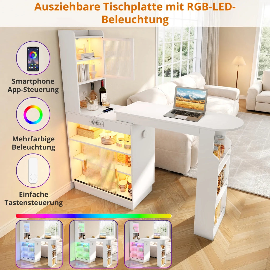 Bar allungabile e tavolo alto con contenitore, credenza e mobile da cucina con ante in vetro, illuminazione LED controllata via app, presa, USB e USB-C, bianco, 131–170 × 40 × 170 cm