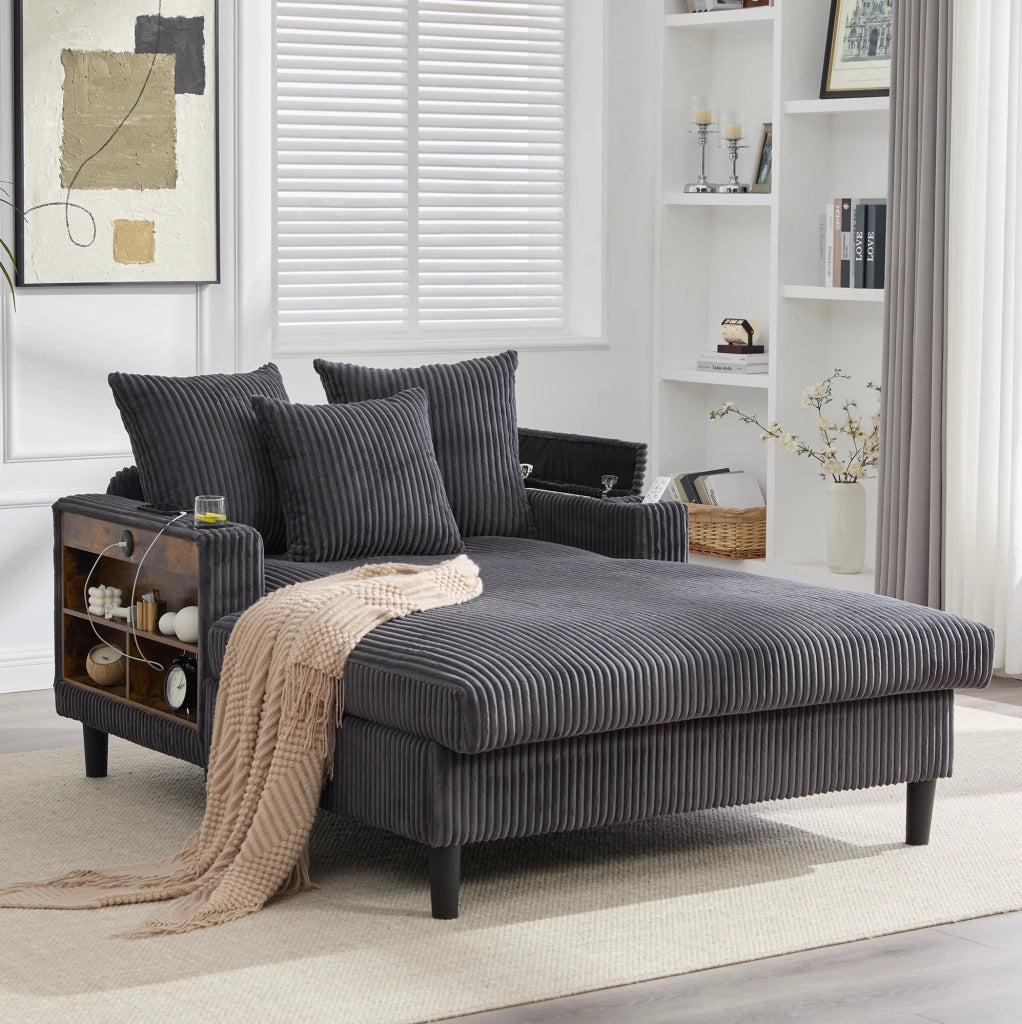 Chaise longue multifunzionale in velluto a coste con grande superficie reclinabile, porta bevande su entrambi i lati, illuminazione LED, tasca laterale, spazio contenitivo e porta USB, gambe in plastica resistenti