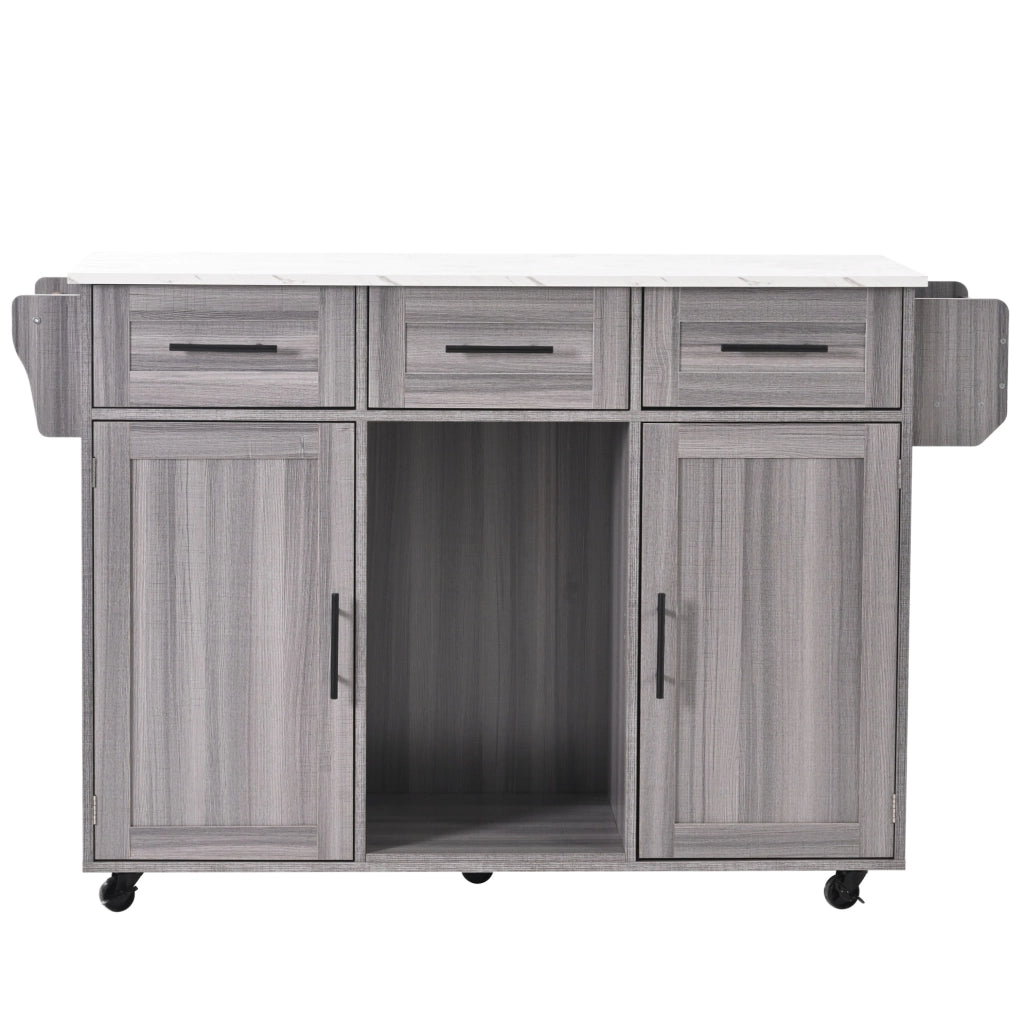 Carrello cucina multifunzione 139x46(71)x91,5 cm con ripiani interni, piano pieghevole e finitura effetto legno grigio e marmo bianco