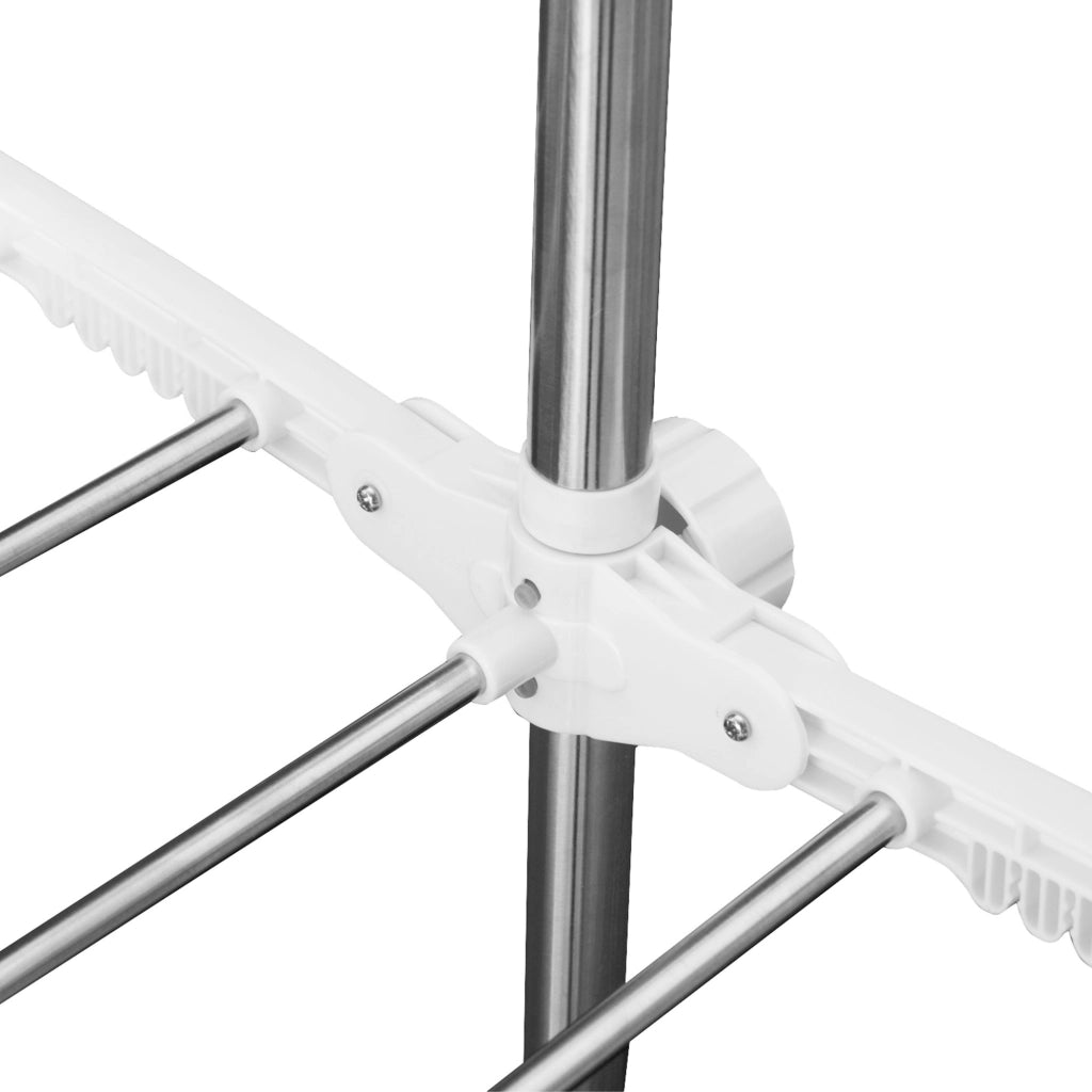 Stendibiancheria pieghevole a torre con due livelli regolabili, struttura in acciaio inox bianco e argento, con ruote girevoli e freni