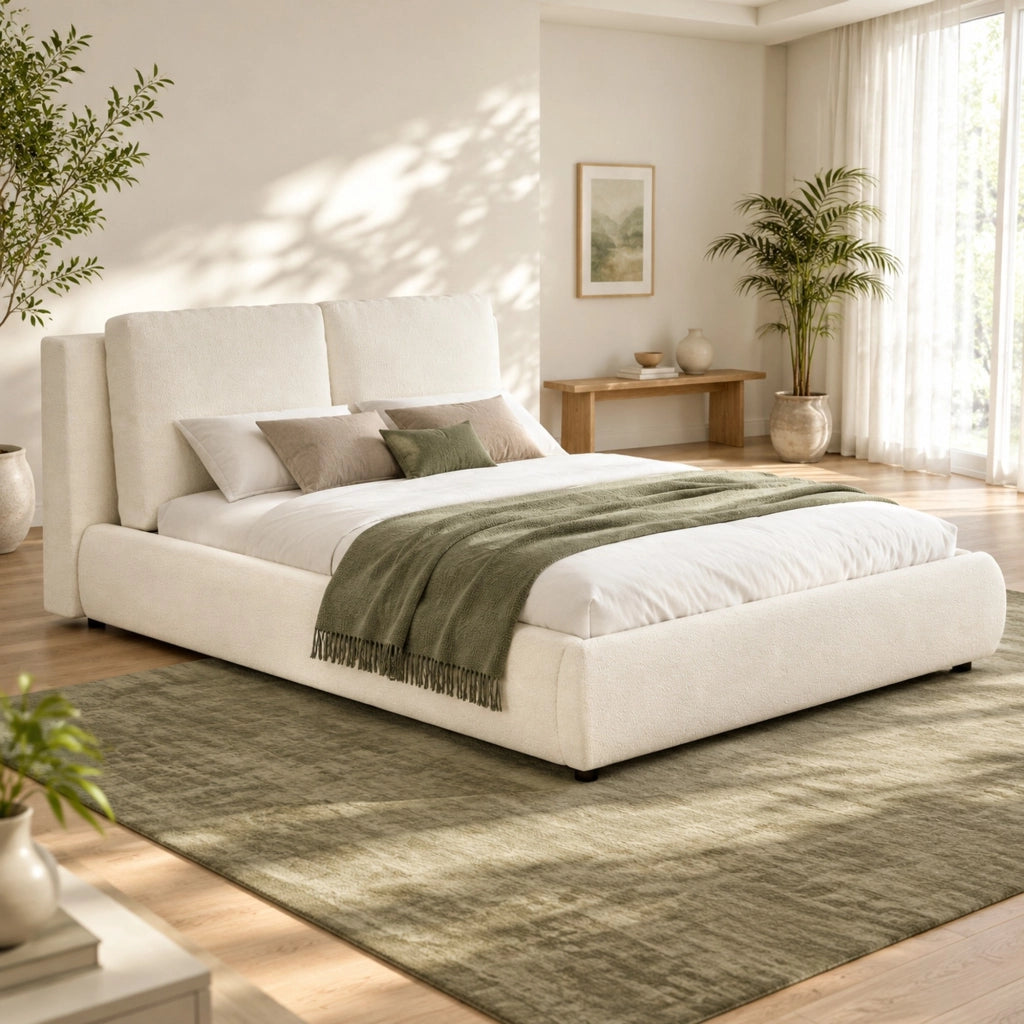 Letto imbottito 180x200 cm con contenitore e rete a doghe, rivestimento boucl¨¦ beige