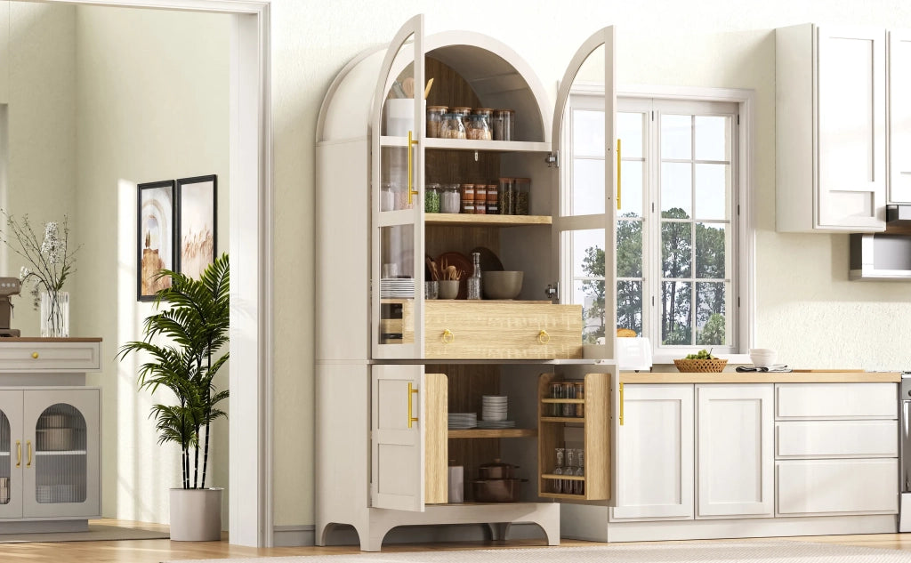 Highboard bianco con ripiani regolabili, cassetto e vetro scanalato. Mobile cucina con ampio spazio contenitore per soggiorno, sala da pranzo e cucina