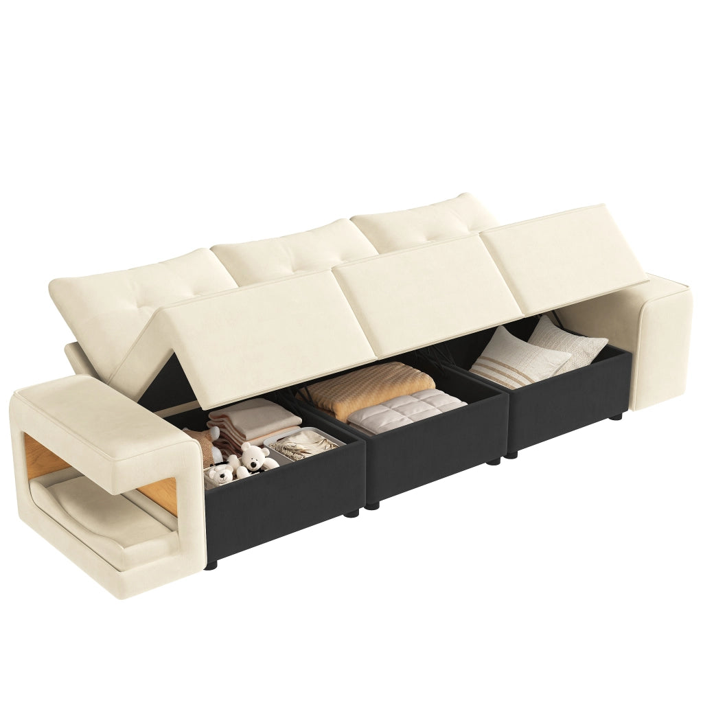 Divano modulare 3 posti con contenitori e nicchie per animali in velluto beige