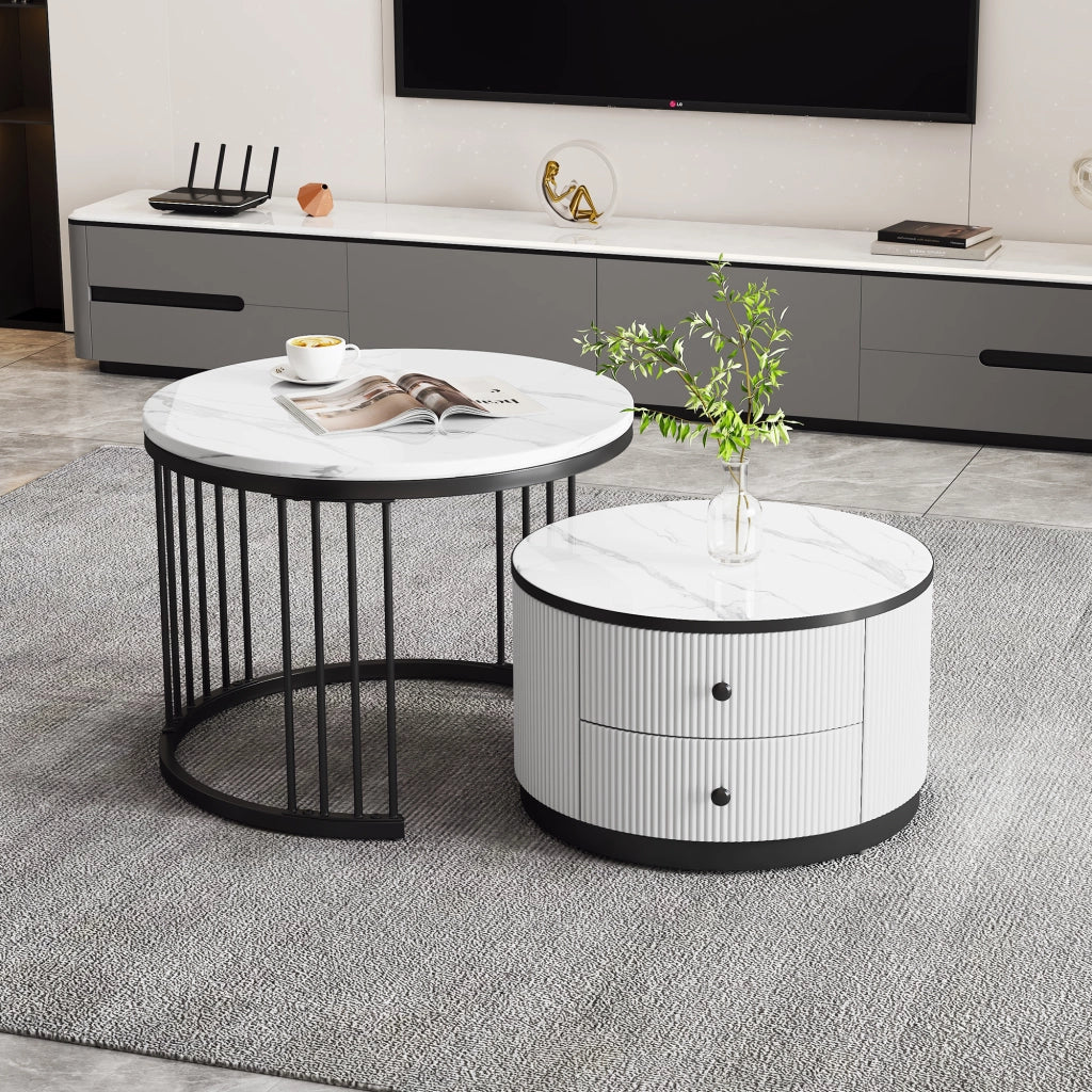 Tavolini da salotto impilabili con 2 cassetti, piano lucido effetto marmo, per soggiorno, in MDF, bianco e nero