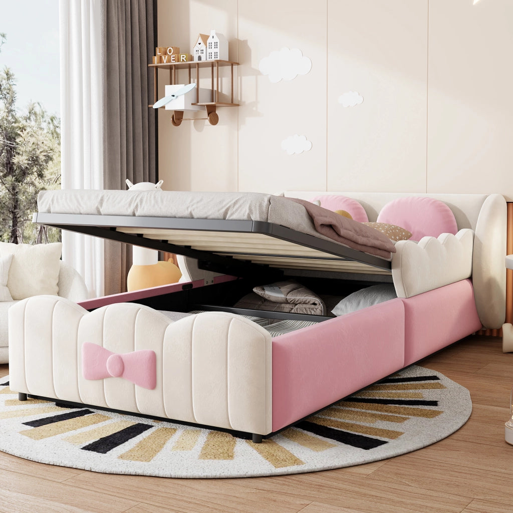 Letto singolo con contenitore 90 × 200 cm imbottito in velluto beige con sollevamento idraulico e 2 cuscini decorativi