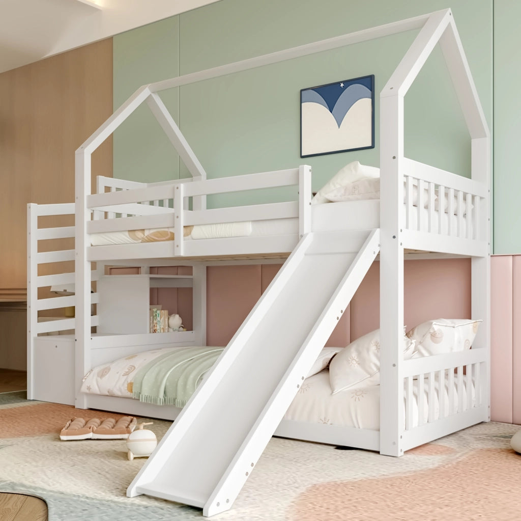 Letto a castello per bambini con scala contenitore; scivolo e sponde; 90x200 cm; pino e MDF; bianco