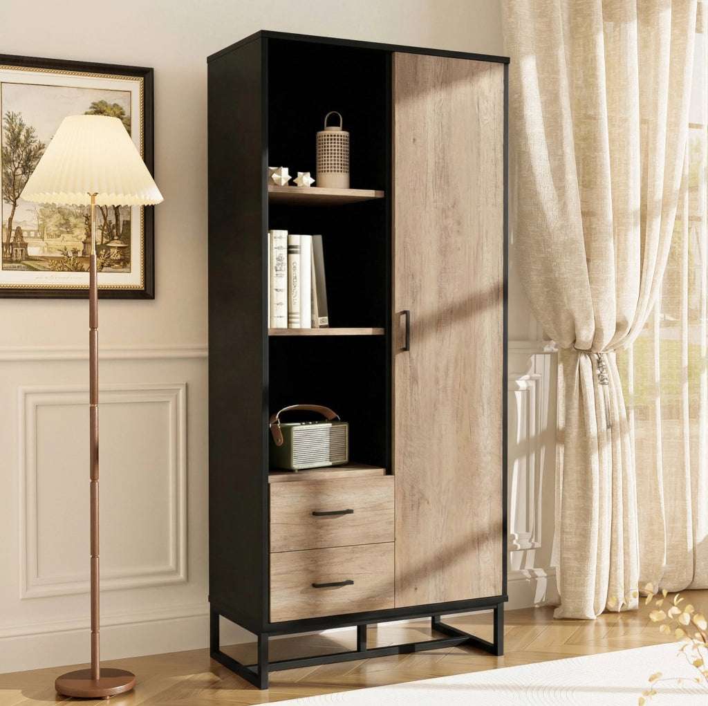 Mobile Highboard 80x40x180 cm in Legno Chiaro con Struttura Nera, 1 Porta, 2 Cassetti e 3 Ripiani Aperti
