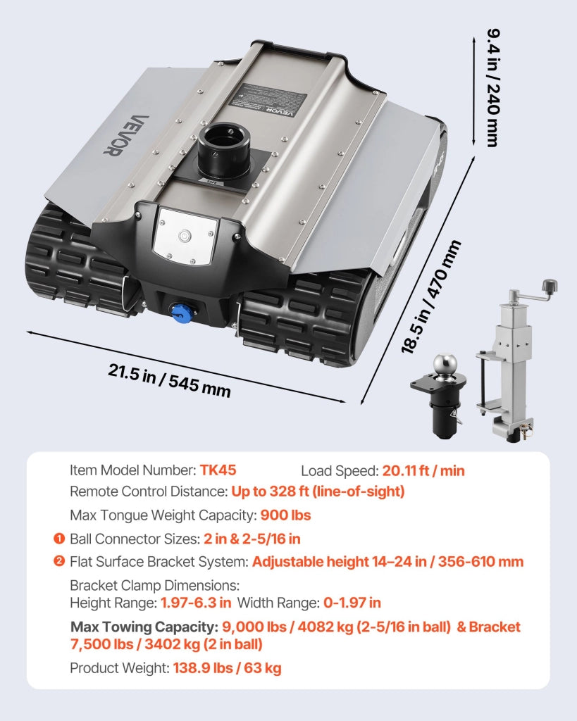 Carrello Elettrico per Rimorchi TK45 Movimentatore Motorizzato con Telecomando 100m Traino 4082 kg per Camper Roulotte Robusto