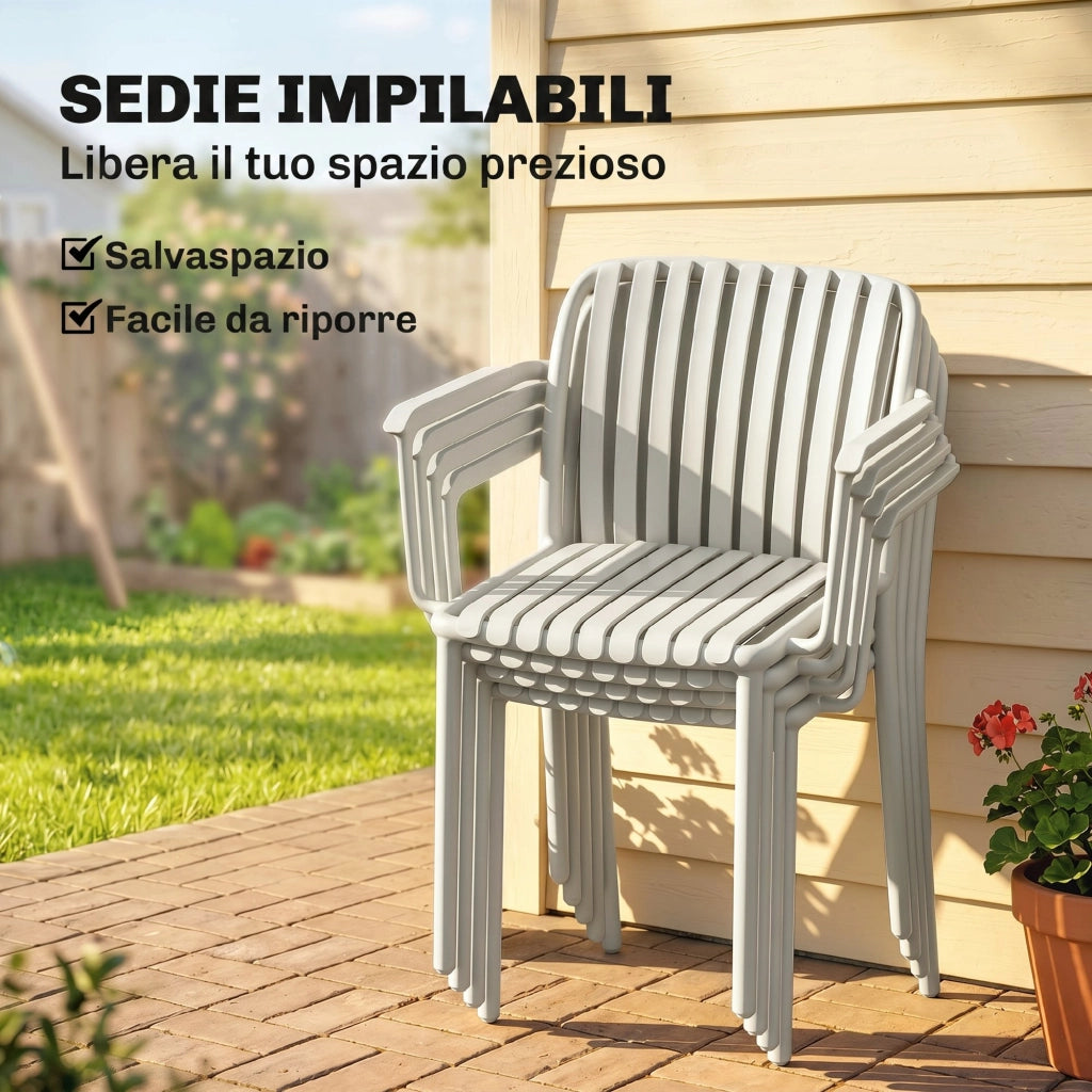 Set di 4 Sedie da Giardino Impilabili 58x57,5x79,5 cm con Braccioli Design a Doghe in Plastica Grigio