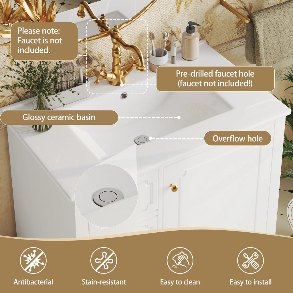 Mobiletto con lavabo in ceramica antibatterica 3 cassetti anta con ripiano MDF bianco 76.5 × 47 × 87.5 cm
