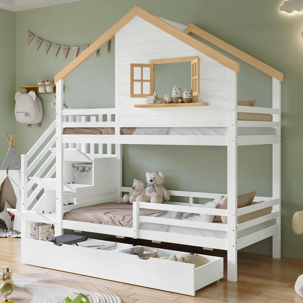 Letto a castello per bambini 90 × 200 cm con scala contenitore in legno bianco e naturale con cassetti e finestra apribile