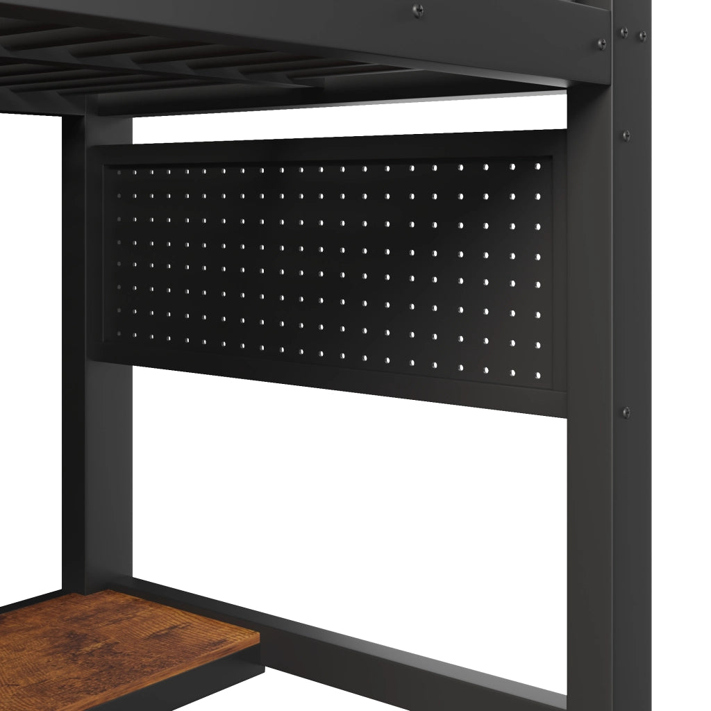 Letto a soppalco 90 × 200 cm con scrivania in legno LED ripiani barra appendiabiti e pannello forato in metallo nero