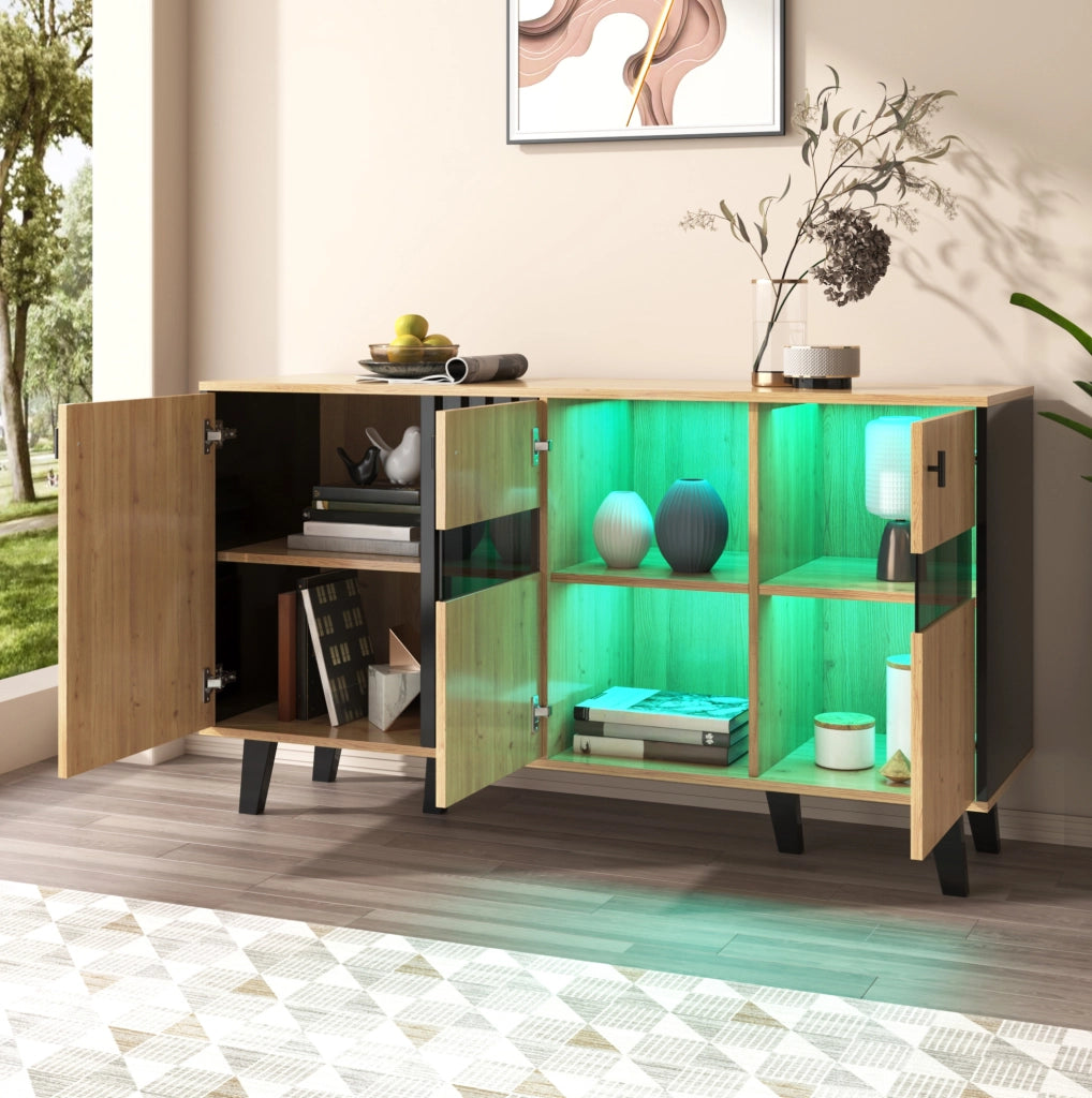 Credenza a tre ante con vetro e LED, design in legno e nero