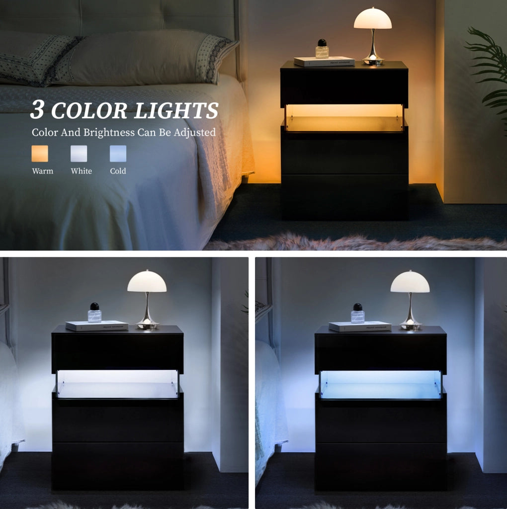 Comodino con LED RGB e 3 cassetti in legno ingegnerizzato nero