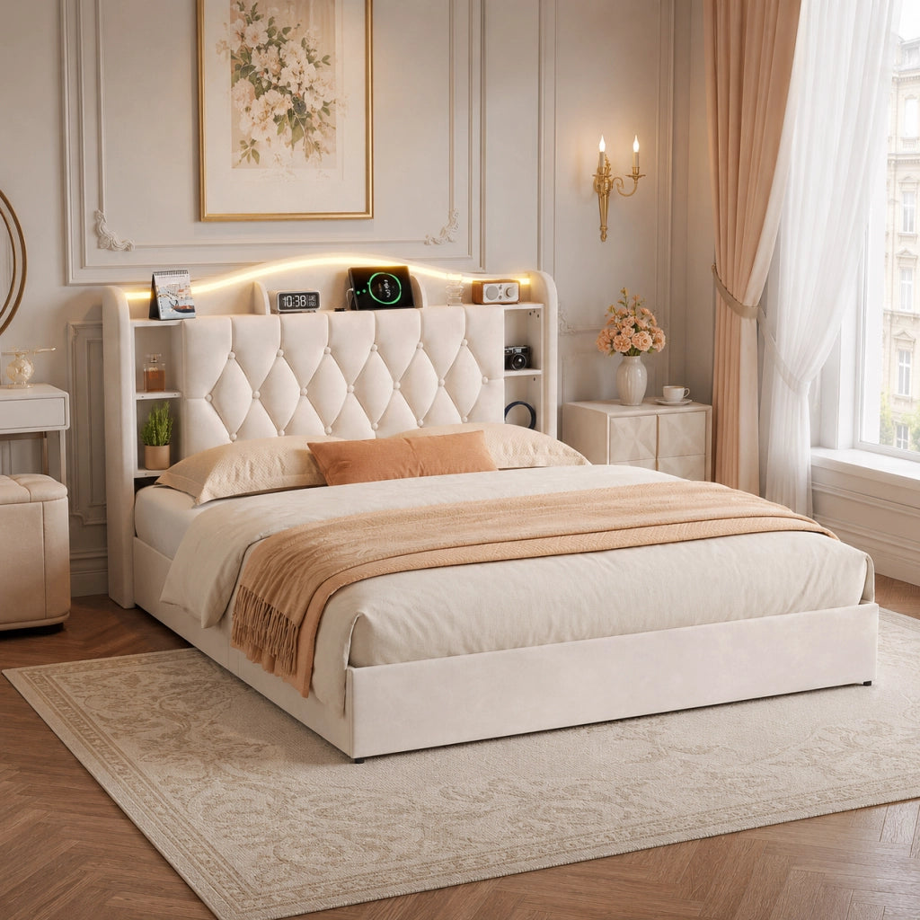 Letto a molle a sollevamento idraulico, testiera velluto beige, con luci LED RGB, stazioni di ricarica USB e wireless, scomparti porta oggetti, 140x190 cm