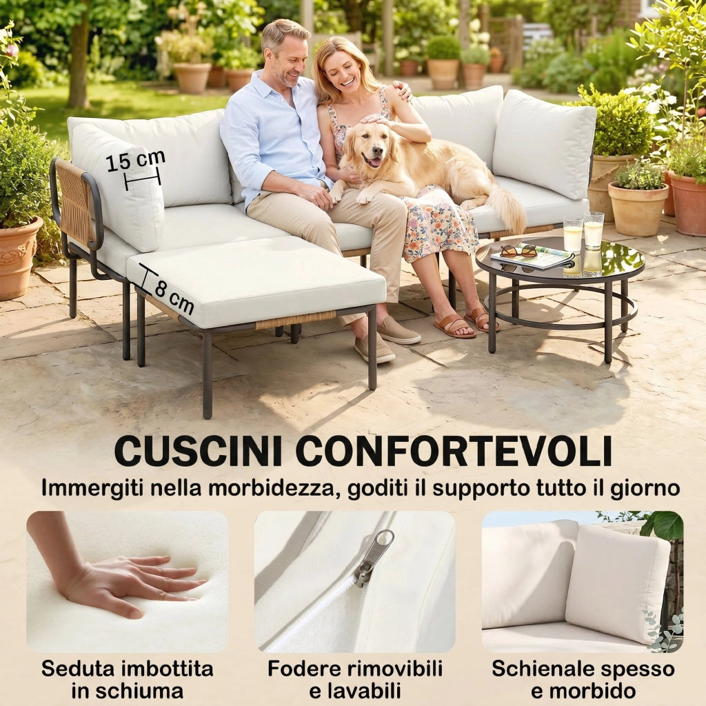 Set 5 Pezzi da Giardino Modulabile con Divano a L Tavolino e Cuscini in Rattan Cachi