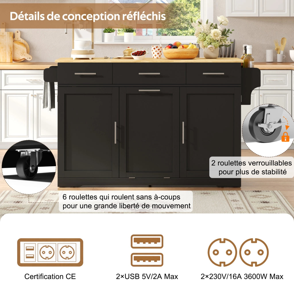 Mobile da cucina con 3 cassetti; vano pattumiera e presa con 2 AC e 2 USB in MDF nero e naturale