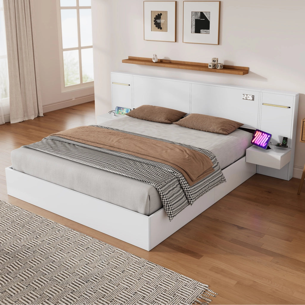 Letto matrimoniale 180 × 200 cm con LED USB-A USB-C altoparlanti Bluetooth orologio elettronico MDF bianco