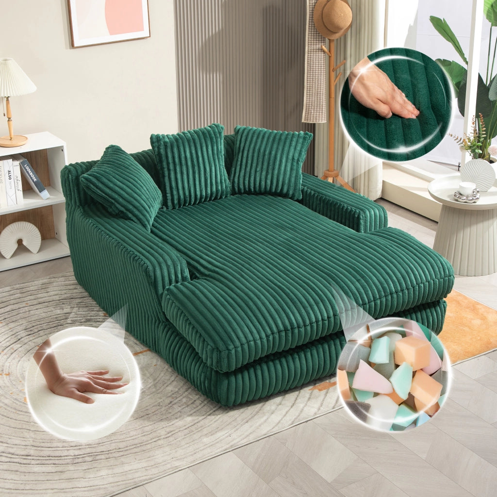 Chaise longue in tessuto a coste con 3 cuscini schienale e braccioli in schiuma ad alta densità smeraldo 125 × 155 × 63 cm