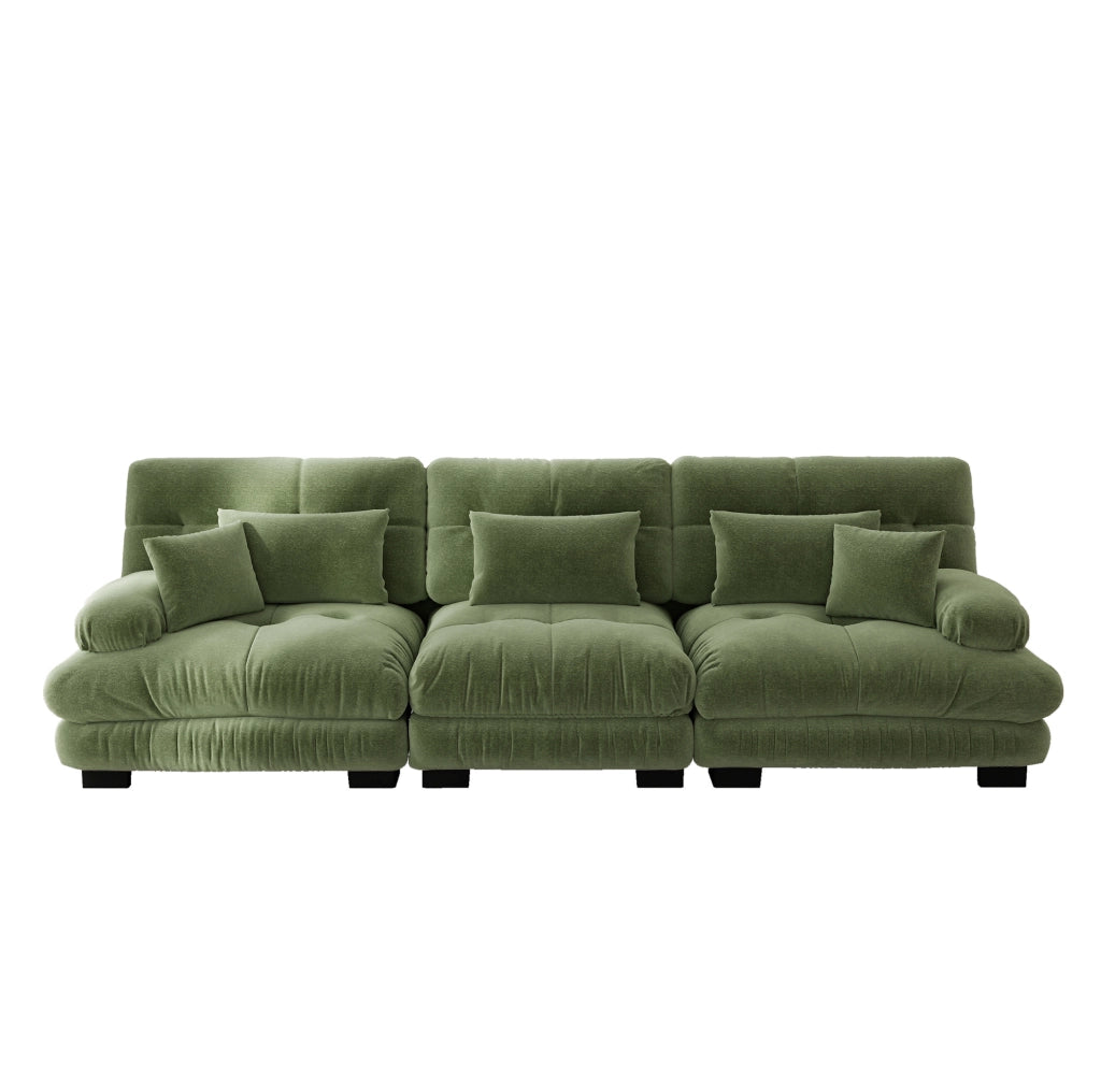Divano angolare modulare 313x77x81 cm in ciniglia verde, seduta profonda