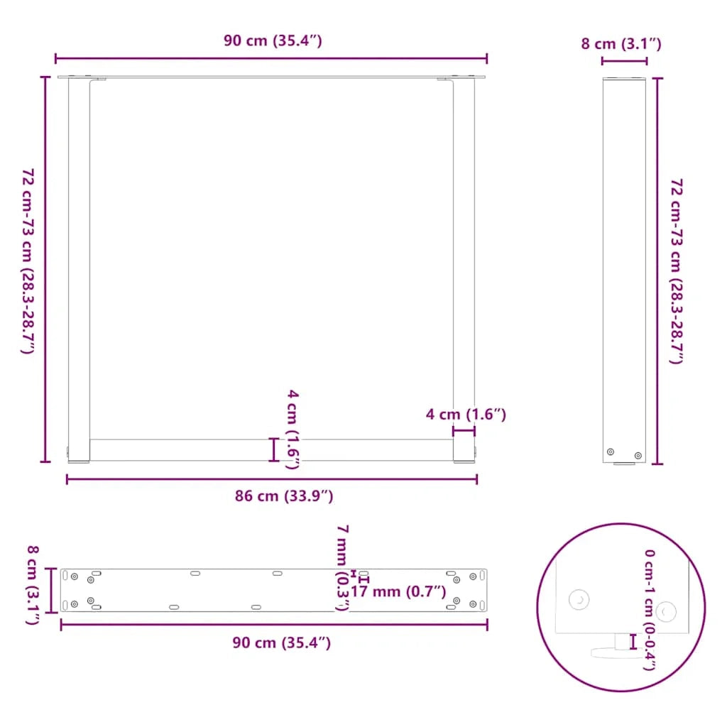 Set di 3 gambe regolabili a forma di U per tavolo da pranzo 90 x 72 cm design moderno acciaio nero 02_0057448