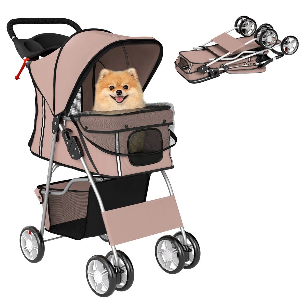 Passeggino per Cani Pieghevole con Catarifrangenti, Ruote Girevoli, Freni e Cuscino Lavabile, Caff¨¨