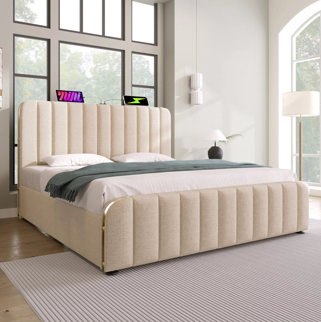 Letto matrimoniale imbottito 180x200 cm in lino beige con USB Type-C; contenitore e materasso incluso