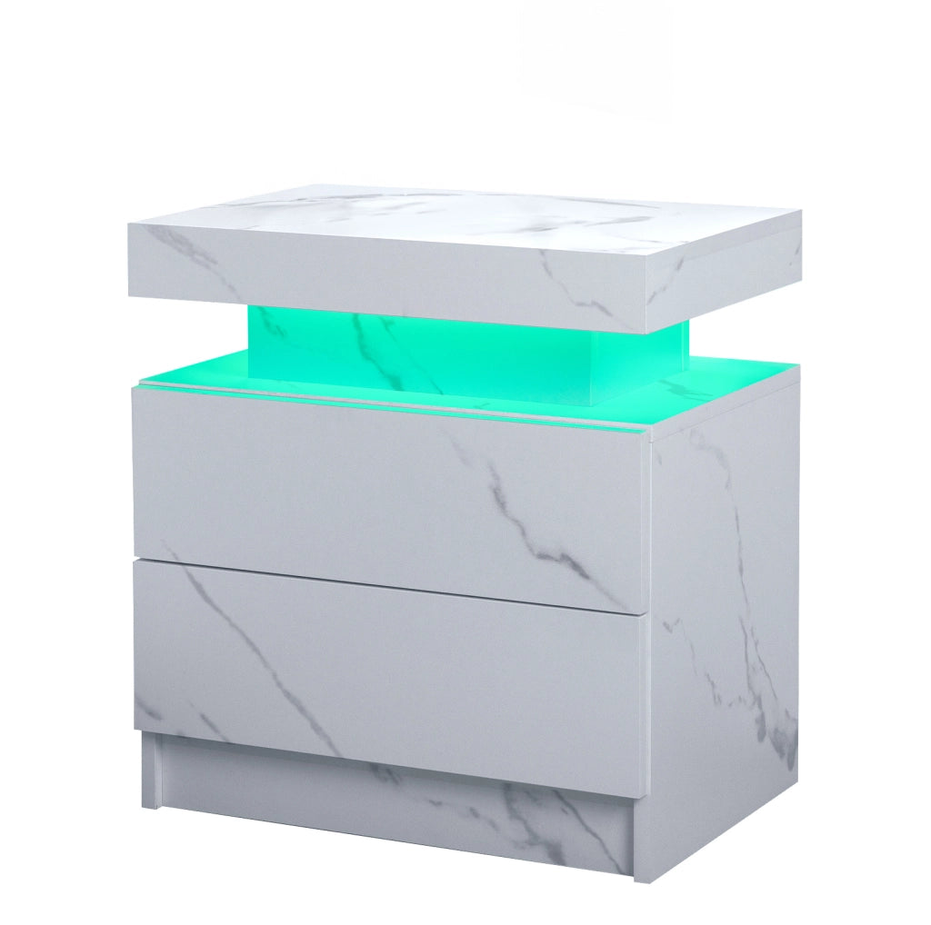 Comodino LED bianco opaco con 2 cassetti e vano aperto