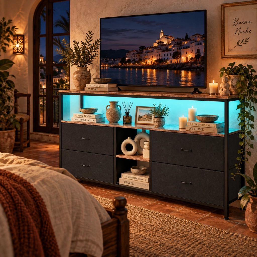 Mobile Contenitore Soggiorno 137x29x78cm Mobile TV con 2 Ripiani e 4 Cassetti, Luci LED RGB Ripiani Aperti per Soggiorno, Camera da Letto, Nero