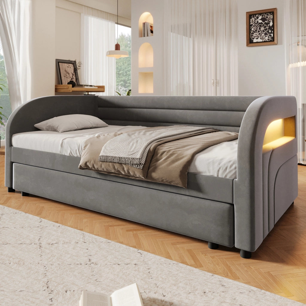 Letto imbottito 90x200 cm con letto estraibile e LED; grigio
