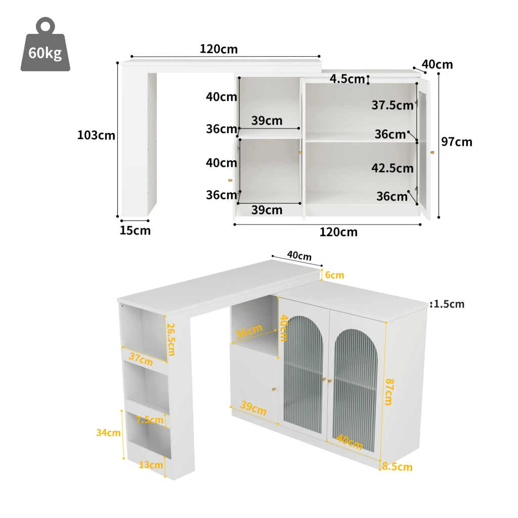 Mobile bar girevole a 360° con ante in vetro; ripiani aperti e vani chiusi; MDF bianco 120 × 40 × 97 cm