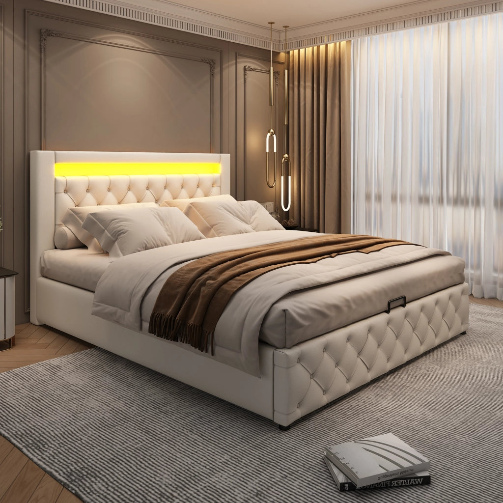 Letto matrimoniale imbottito 160 × 200 cm con contenitore LED in PU bianco rete a doghe e testiera alta