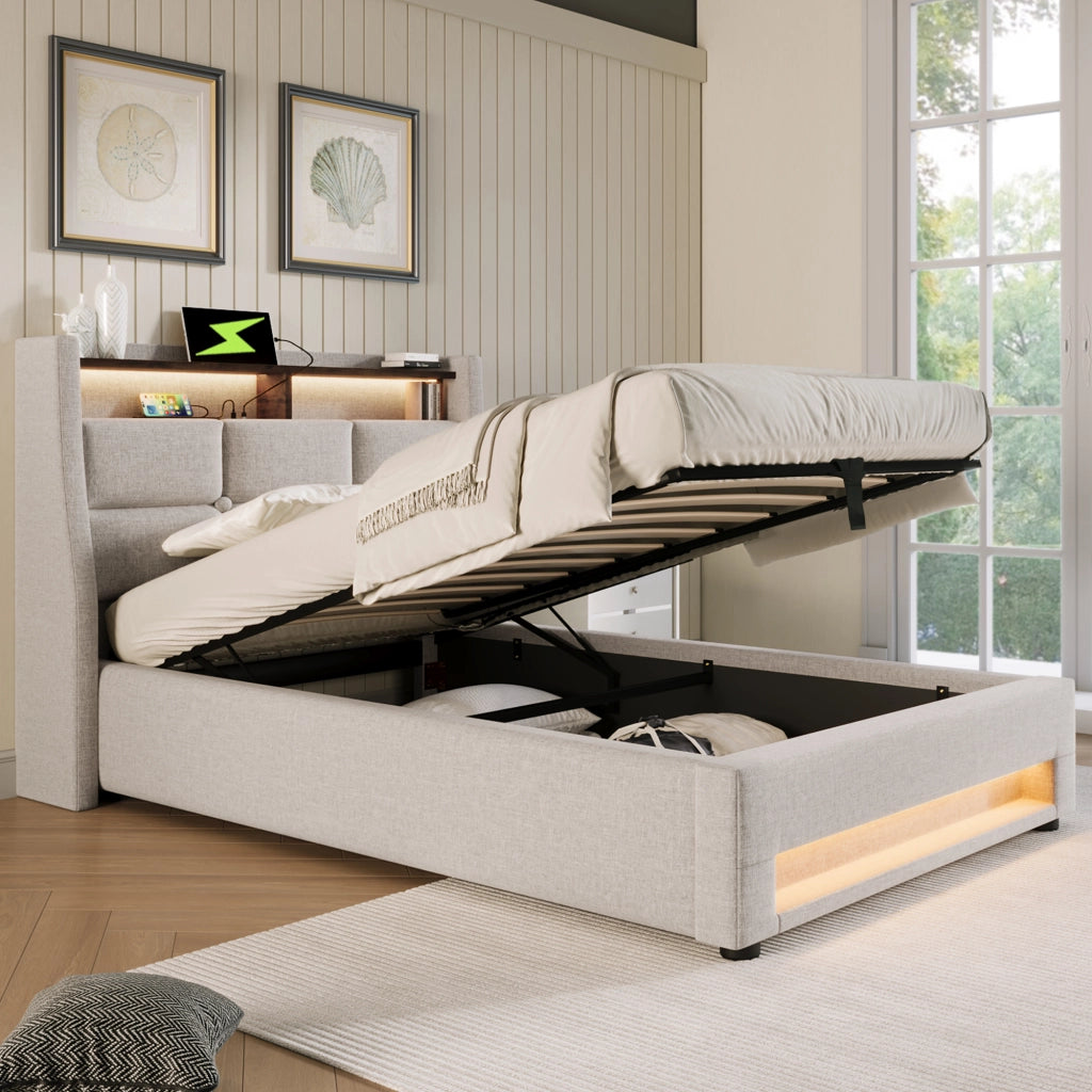 Letto imbottito singolo 90x200 cm con LED; USB e contenitore; beige chiaro
