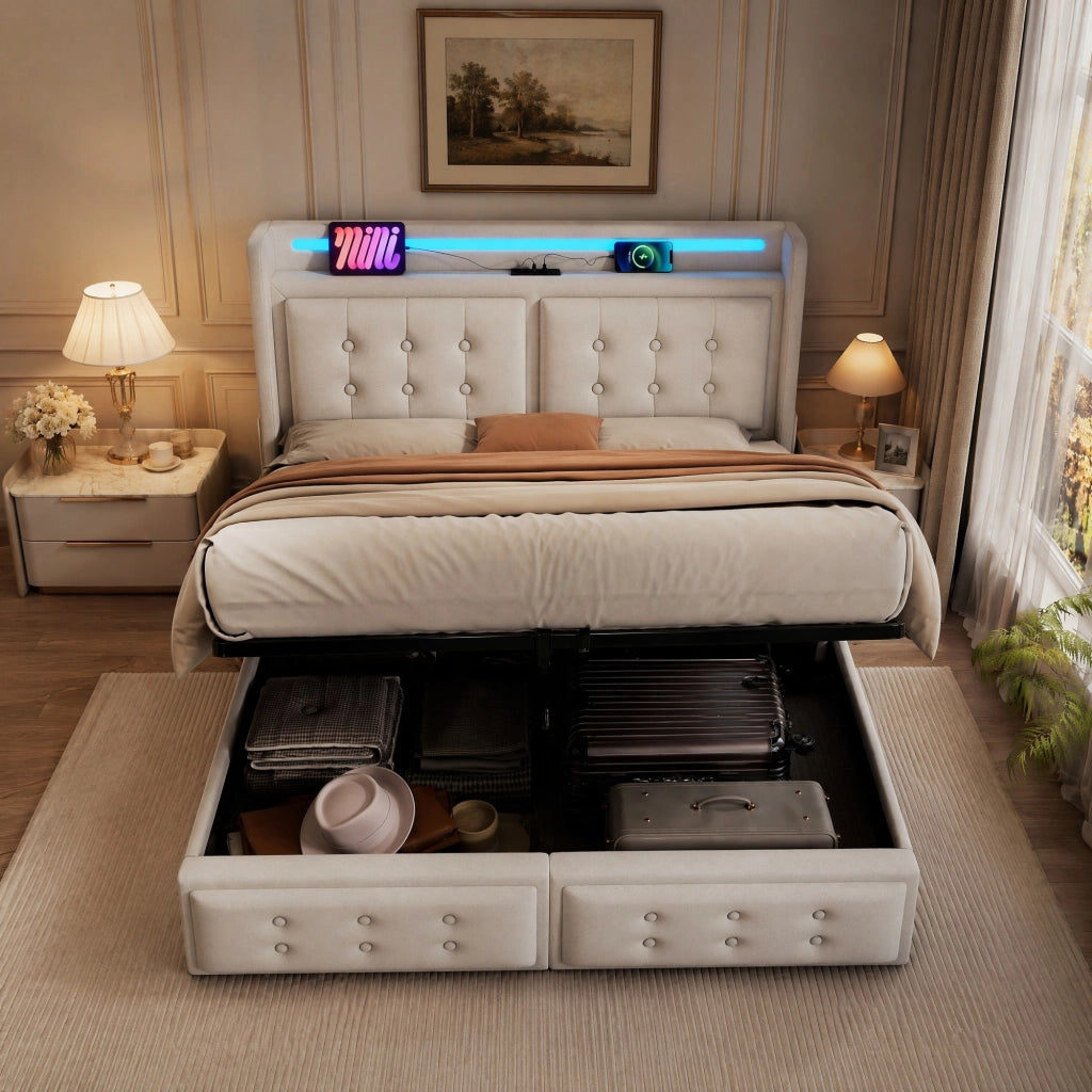 Letto contenitore 160 × 200 cm con testiera LED e ricarica USB Type-C in cotone e lino beige