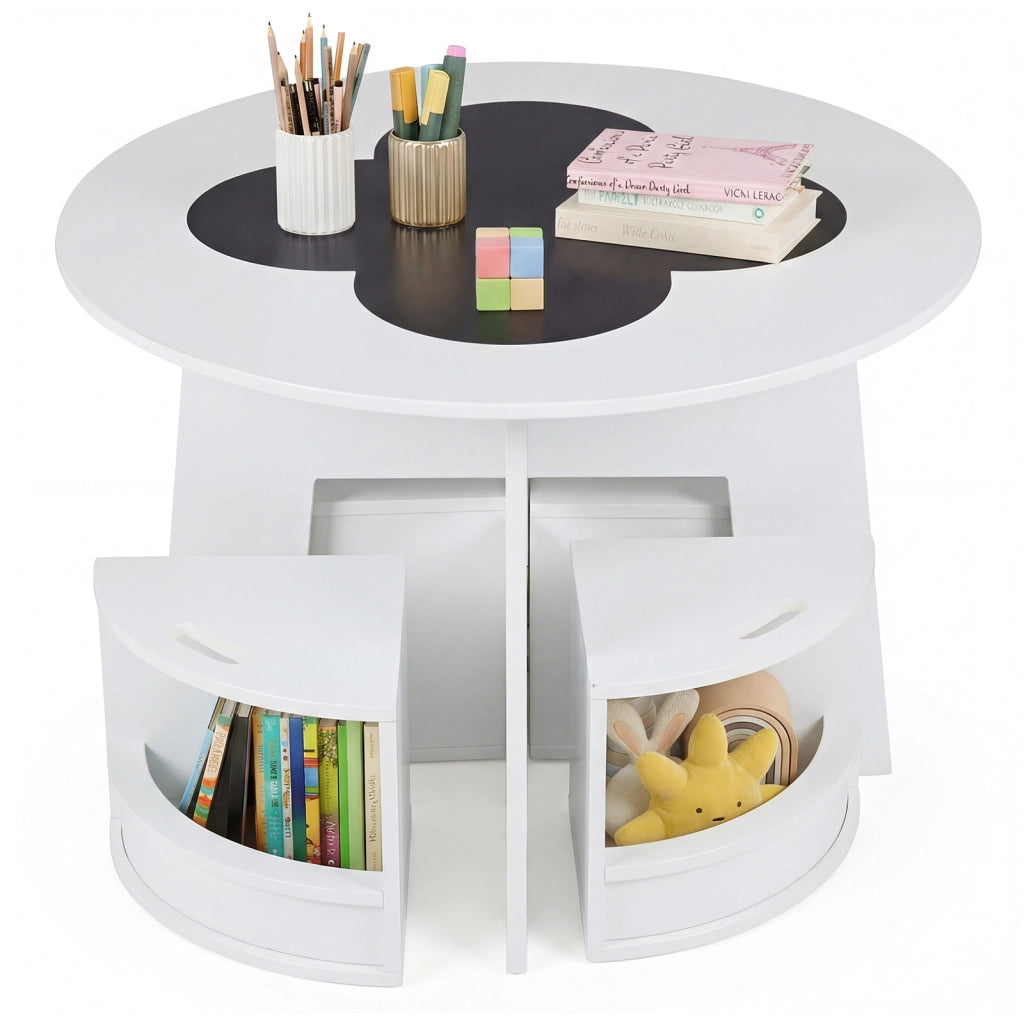 Set tavolo e sedie per bambini 5 pezzi con ripiano di stoccaggio, Tavolo rotondo per gioco e attivit¨¤ Bianco