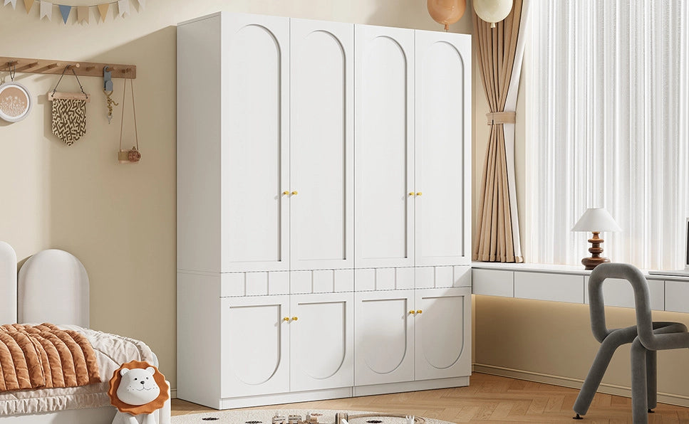 Armadio bianco da 80x50x200 cm con 2 ante, appendiabiti e cassetti a pressione, set da 2 pezzi