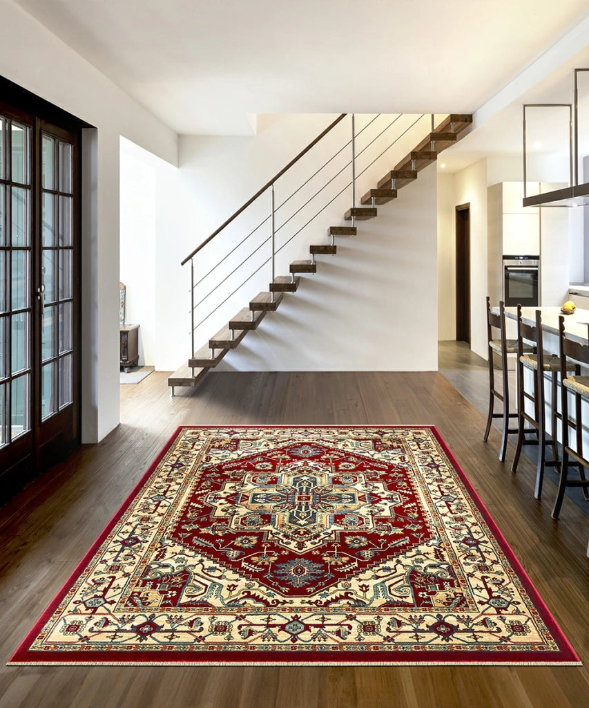 Tappeto KAZAKH 1535 rosso e oro cm.140x200 stile orientale persiano alta qualità con effetto lucente