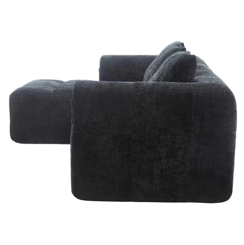 Divano modulare a L, 3 posti, tessuto chenille nero, con chaise longue e braccioli, 3 cuscini inclusi