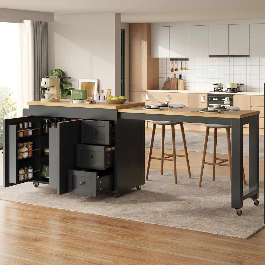 Mobile base da cucina con piano allungabile; 3 cassetti; armadio e ruote in MDF nero 116–179.5 × 45 × 89 cm