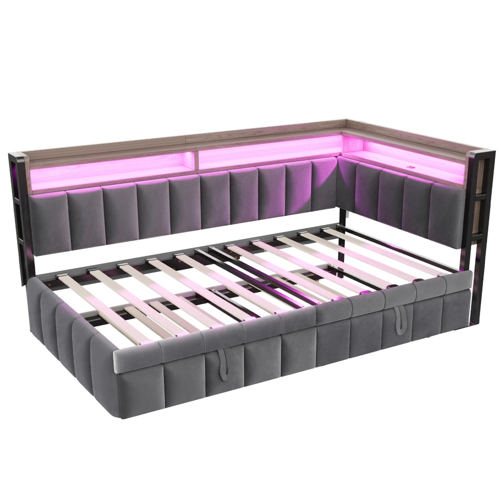 Divano letto estraibile ULEVR 90x200 cm con LED, USB e Type-C, vani portaoggetti, velluto grigio