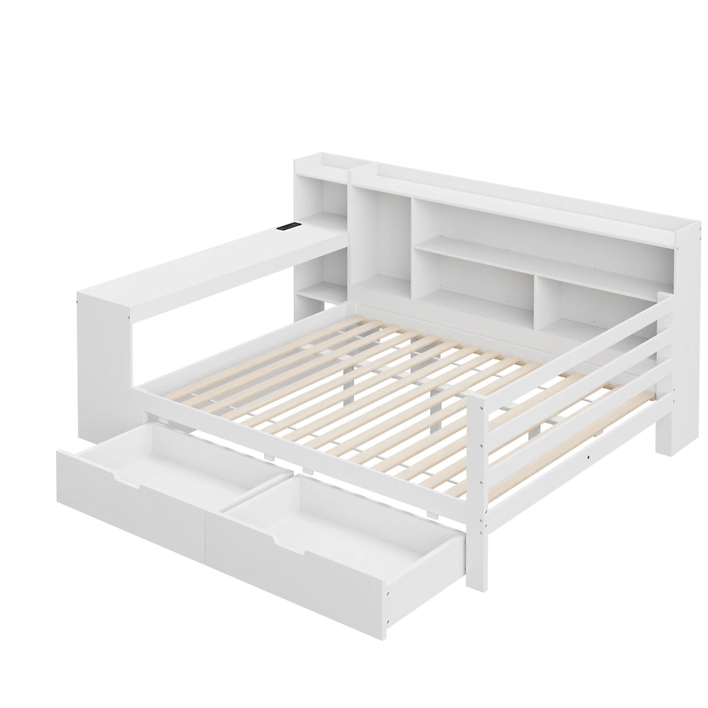 Letto matrimoniale 140x200 cm in legno bianco con scrivania; libreria; cassetti e presa USB
