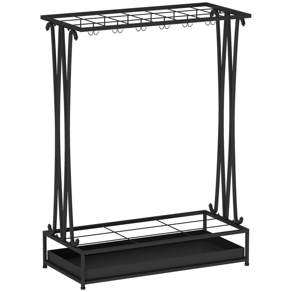 Portaombrelli rettangolare in acciaio nero con 21 supporti e 24 ganci; vaschetta estraibile 50 × 24 × 68 cm