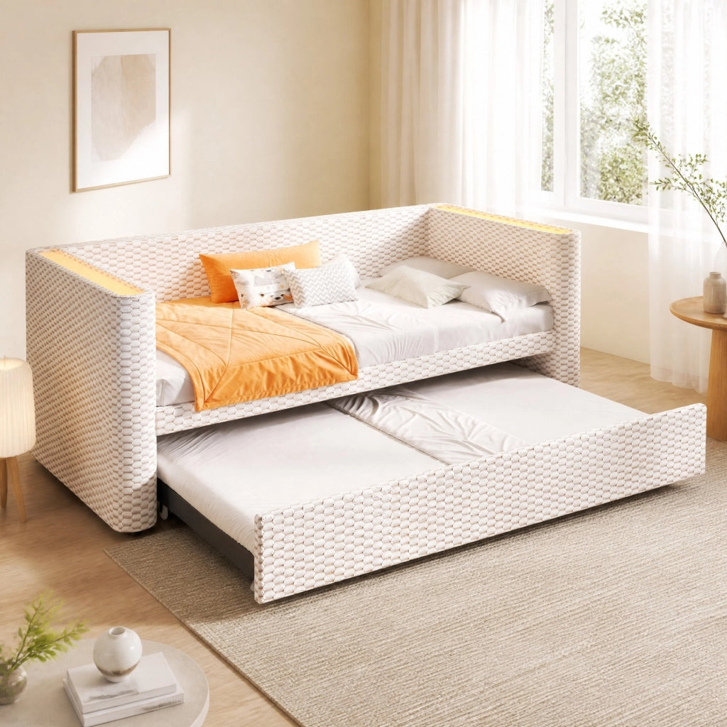 Letto estraibile 90x200 cm trasformabile in letto matrimoniale 180x200 cm in velluto beige con LED HOMVRA